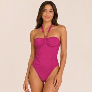 Merona Magenta Pink Halter One Piece Swimsuit Gold Hardware Ruched Large